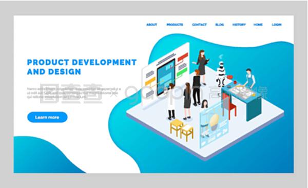 軟件產(chǎn)品開發(fā)和設(shè)計網(wǎng)站。從事工程、制造過程的人員。移動應(yīng)用程序模型板。平面網(wǎng)頁矢量插圖。產(chǎn)品開發(fā)和設(shè)計網(wǎng)頁,模型